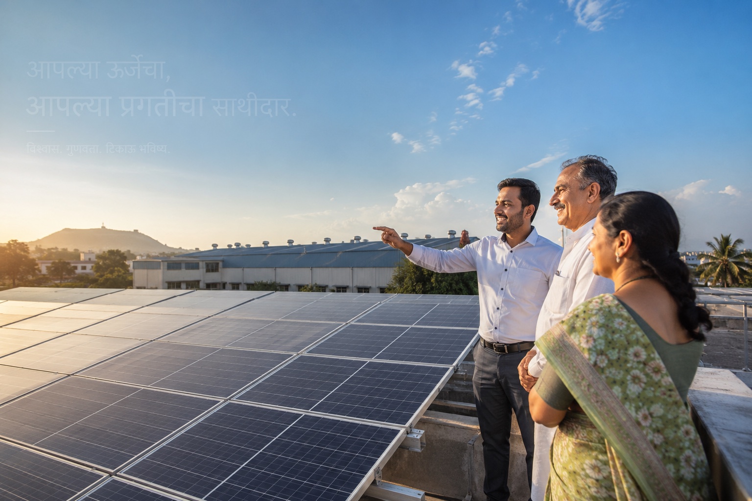 A SolarTech advisor showing a local family their rooftop solar installation