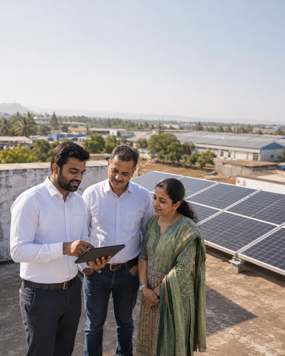 A SolarTech advisor reviewing a rooftop solar installation with local customers
